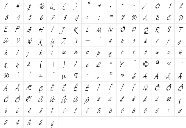 Lucifer Regular  glyph index