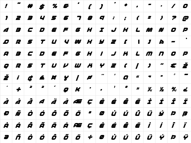 1st Enterprises Super-Italic Italic  glyph index