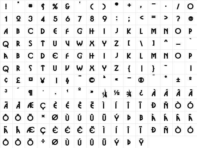 Busso Wide Bold  glyph index