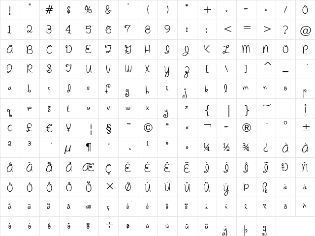 Holiday Springs BTN Quill Regular  glyph index