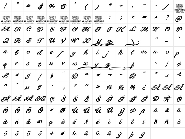 Clothe PERSONAL USE ONLY Regular  glyph index