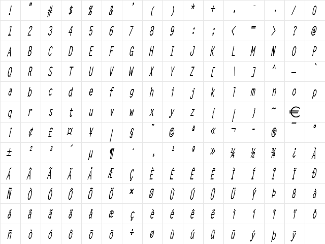 LechterThin BoldItalic  glyph index