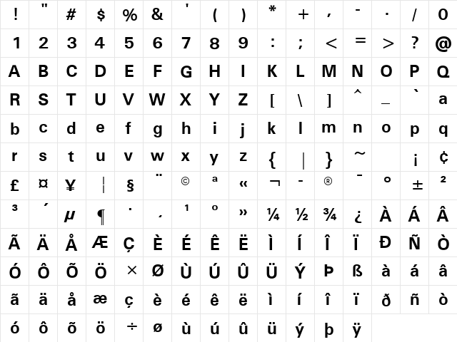 Univers ATT Bold  glyph index