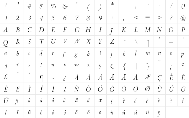 MarcelItalic Regular  glyph index