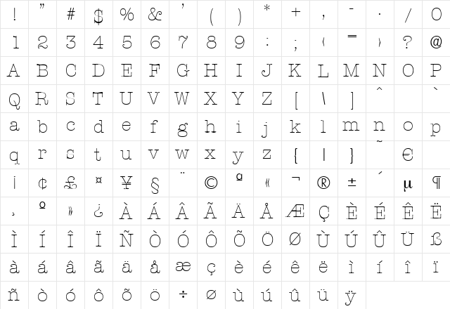 Typewriter-Xlight Regular  glyph index
