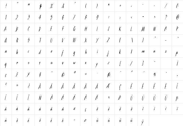 Kurtz Italic  glyph index