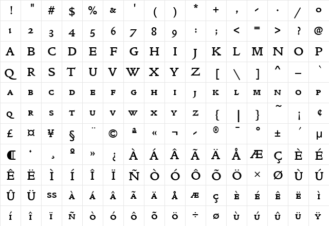 GoldenTypeSCITC Bold  glyph index