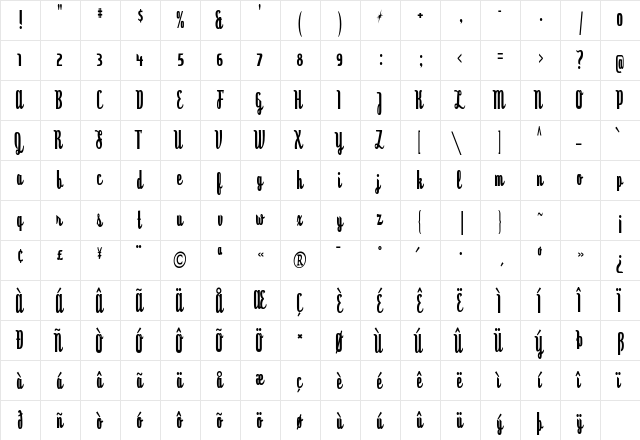 Dyspepsia Regular  glyph index