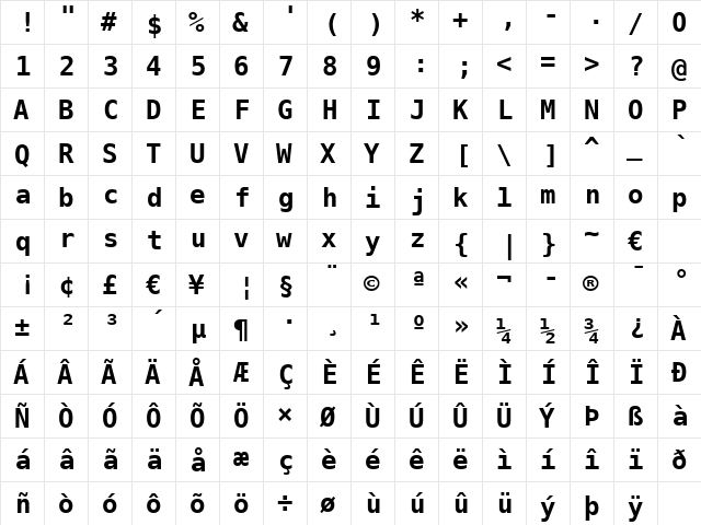 PrimaSansMono BT Bold  glyph index