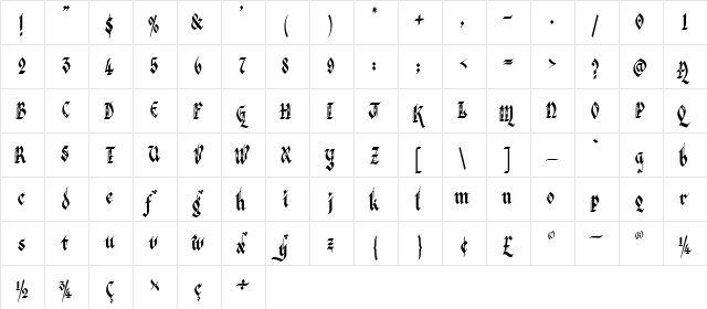 Verona Gothic Flourishe Regular  glyph index