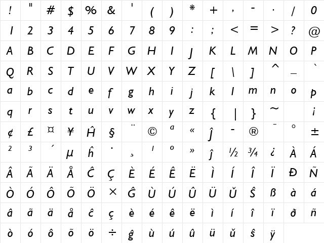 Humanst521 BT Eo Italic  glyph index