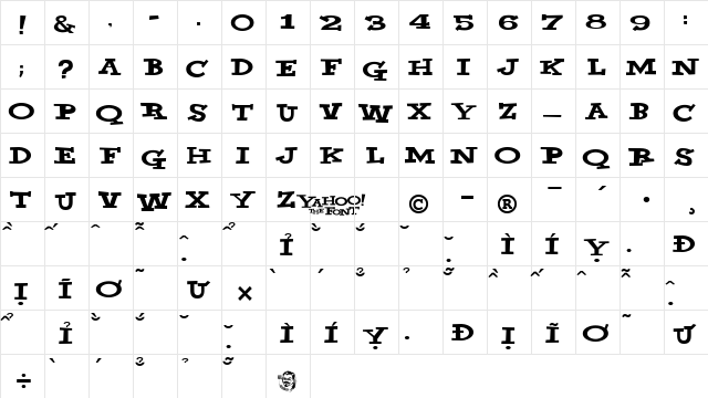VNIYahoo Regular  glyph index