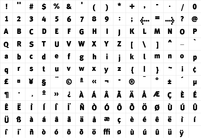 MetaPlusLining Black  glyph index