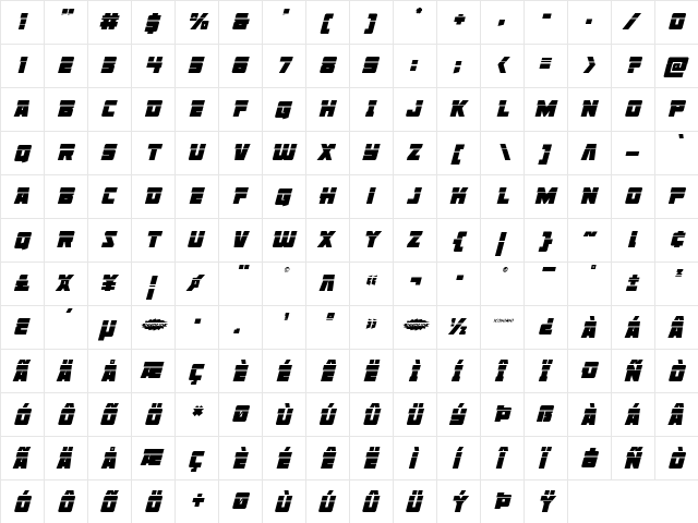 Liberty Legion Laser Italic Italic  glyph index