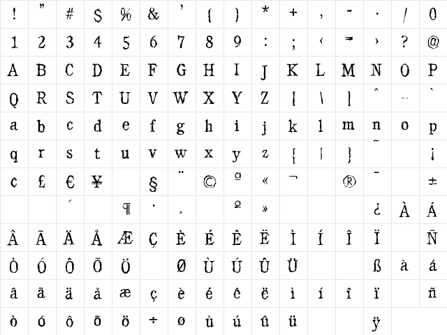 CalgaryRandom-Light Regular  glyph index