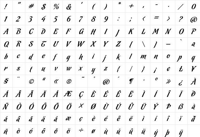 Chocolate Caliente Regular  glyph index