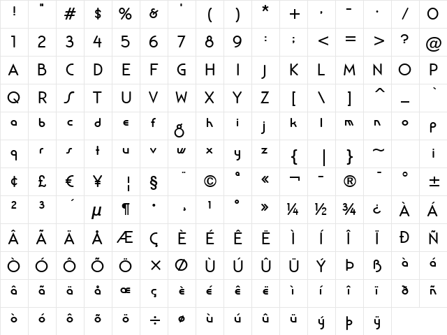 Salsa Mangos BTN Bold  glyph index