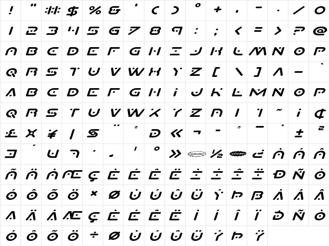 Planet X Compact Expanded Italic Expanded Italic  glyph index