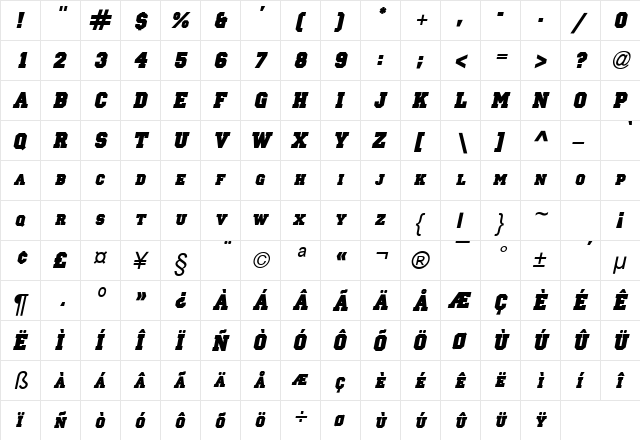 Princeton solid Italic  glyph index