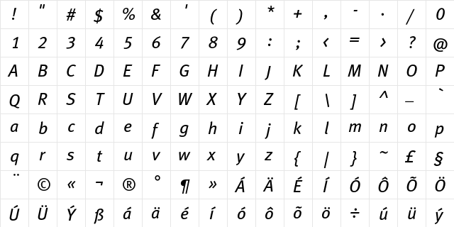 MetaBookCELF Italic  glyph index