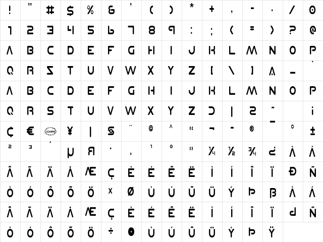Planet N Condensed Condensed  glyph index