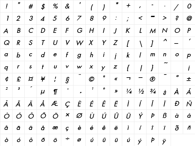 Beau Bold Italic  glyph index