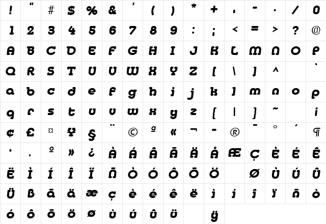 Media Bold Italic  glyph index