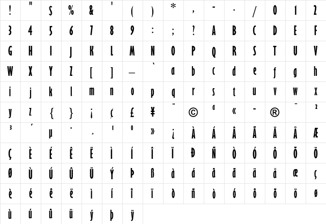 Gill Sans Bold Extra Condensed  glyph index