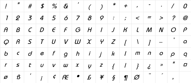 Bauhaus-Thin-Italic Regular  glyph index