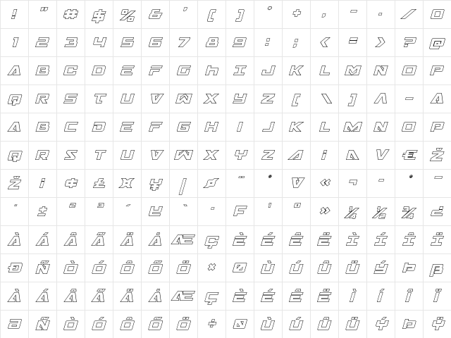 Trans-America Outline Italic Italic  glyph index
