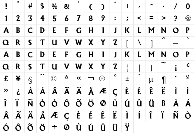 Alexander Bold  glyph index