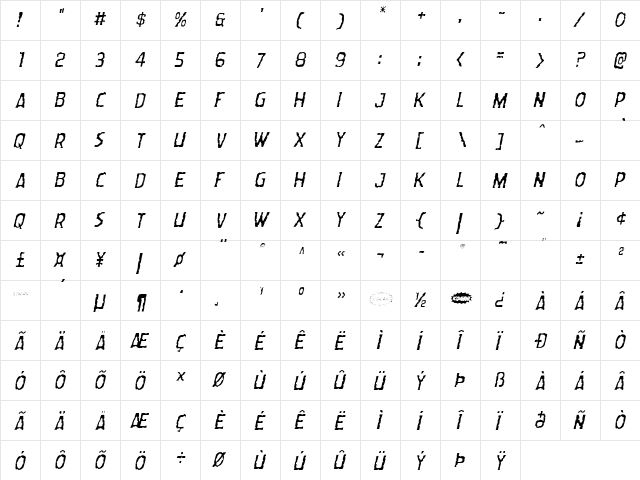 Worm Cuisine Light Italic Light Italic  glyph index