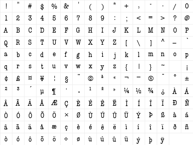 KeyboardCondSSK Regular  glyph index