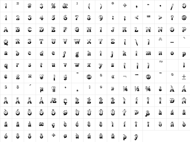 Cabaret ICG Regular  glyph index
