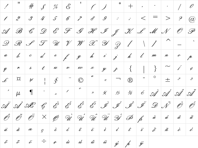 Embassy Regular  glyph index
