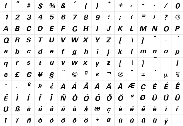 UltimateSerial BoldItalic  glyph index