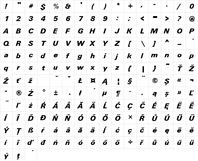 UnitusTEEBla Italic  glyph index