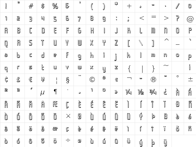 Sugarskin BTN Shadow Regular  glyph index