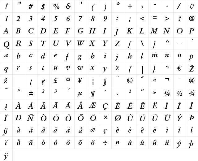 StempelGaramond LT Roman Bold Italic  glyph index