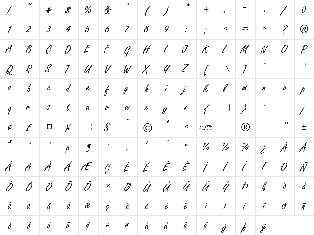 FreelanceScript normal  glyph index
