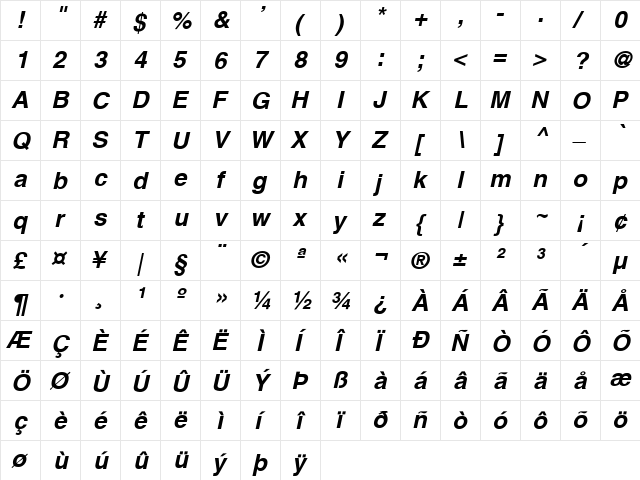 Switzerland Bold Italic  glyph index