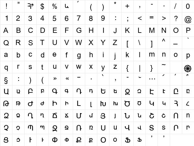 ArTarumianNorMatenagir Regular  glyph index