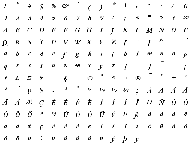 Garamond No3 Bold Italic  glyph index