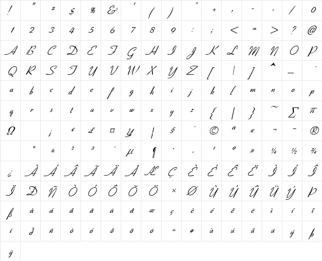 HUNTSON Italic  glyph index