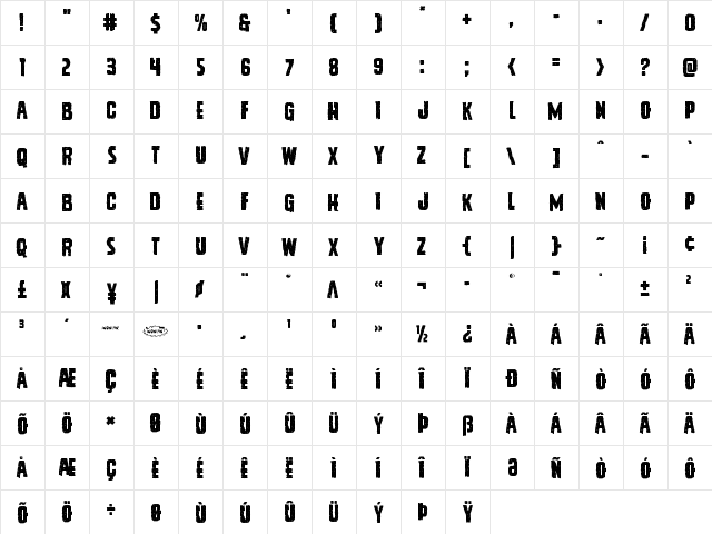 Vicious Hunger Staggered Regular  glyph index
