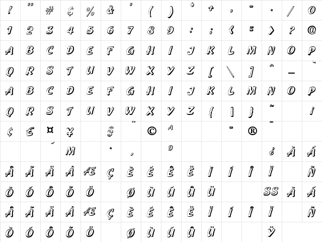 Standout Regular  glyph index