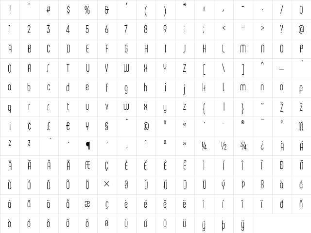 ChaletComprime-MilanSeventy Regular  glyph index
