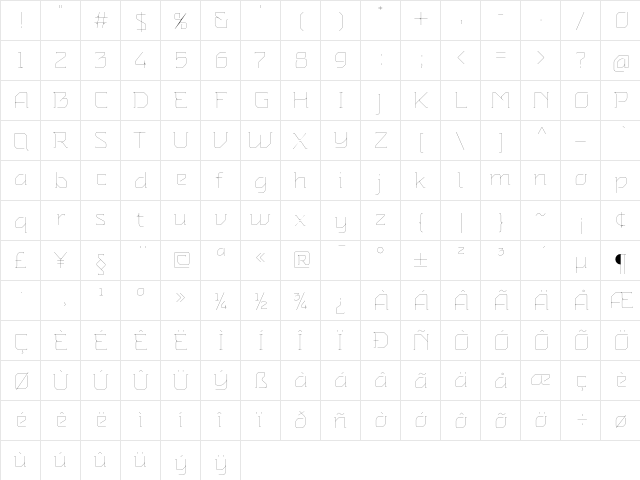 Agrafa Hairline  glyph index