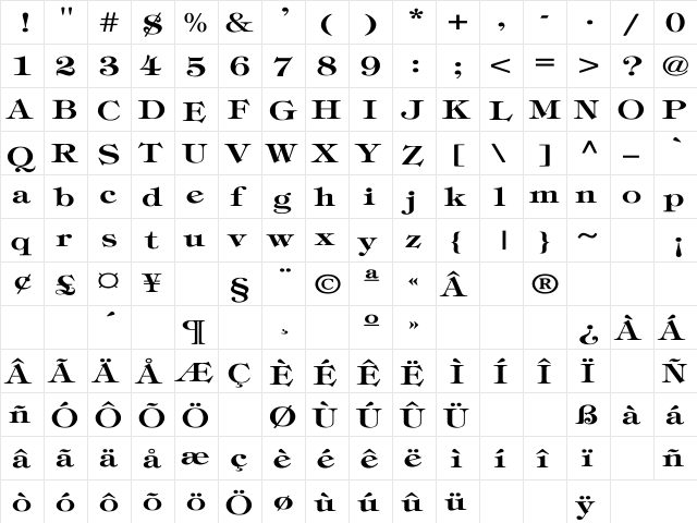 Tiffany-Bold Wd Regular  glyph index