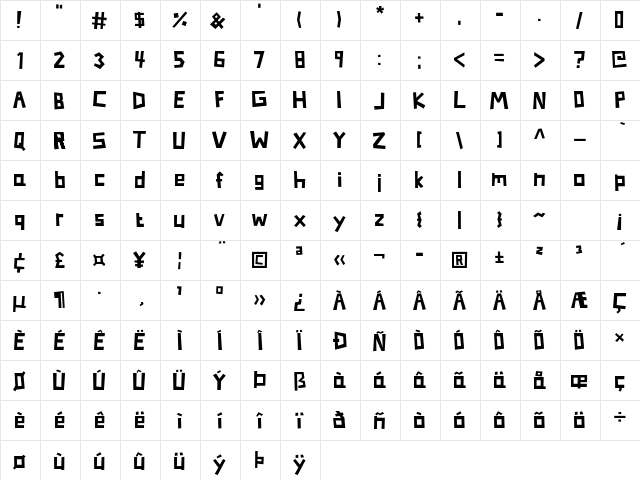 Somerset Barnyard Regular  glyph index